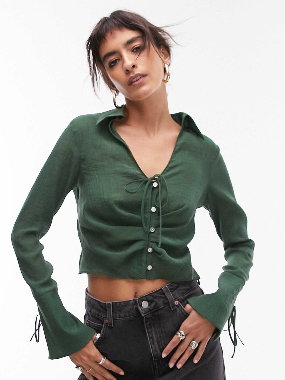 NEVER WORN Topshop Green Ruched Tie-Front Blouse With Bell Sleeves